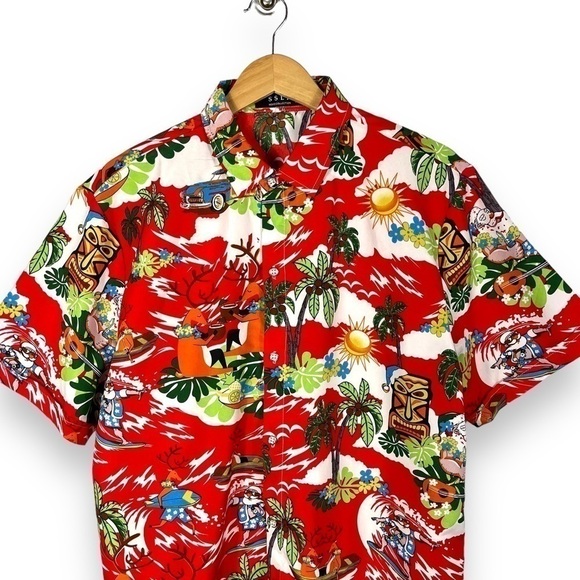 4 for $40 SALE! SSLR Christmas Paradise Hawaiian Shirt, Red Print, Size L - Picture 2 of 12